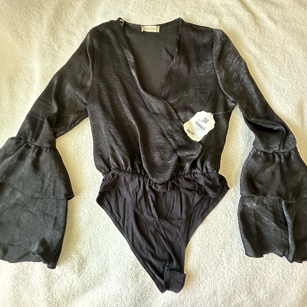 Altar’d State black silk bodysuit with bell sleeves size medium